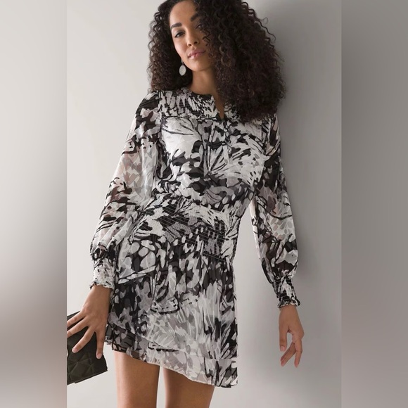 White House Black Market Dresses & Skirts - WHITE HOUSE BLACK MARKET Long Sleeve Smocked Blouson Black & White Dress XXS NWT